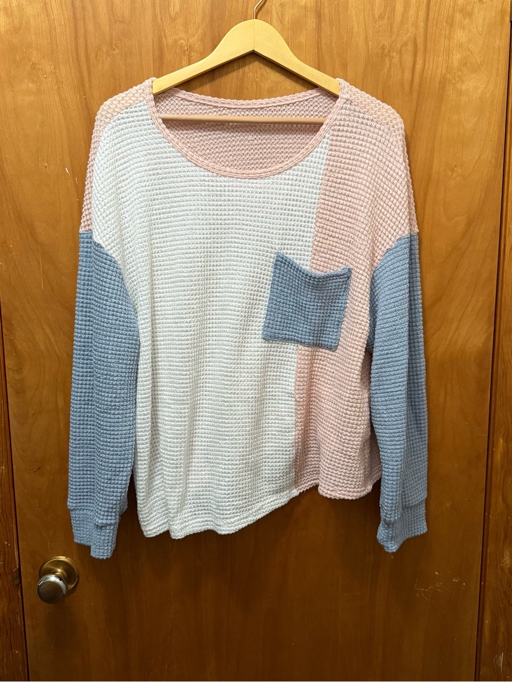 Colorblock Waffle Knit Pullover - Pastel Pink, Cream & Light Blue